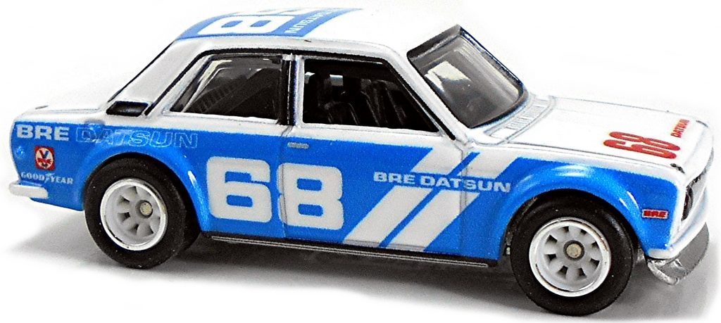 Hot Wheels 2019 - Premium / Car Culture / Mix 1 / Team Transport # 9 - '71 Datsun 510 - Fleet Flyer - Blue & White / BRE Racing - Metal/Metal & Real Riders - Large Blister Card