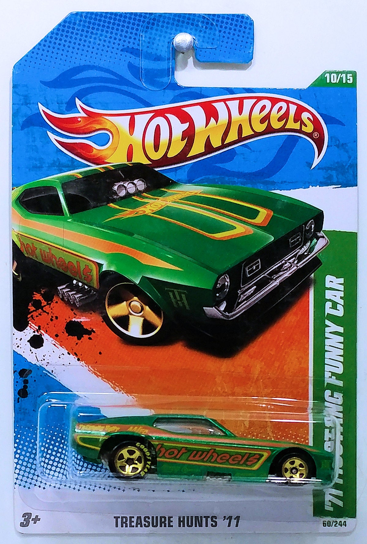 Hot Wheels 2011 - Collector # 060/244 - Treasure Hunts 10/15 - '71 Mustang Funny Car - Green - Gold 5 Spokes - Metal/Metal - Body Lifts - USA Card