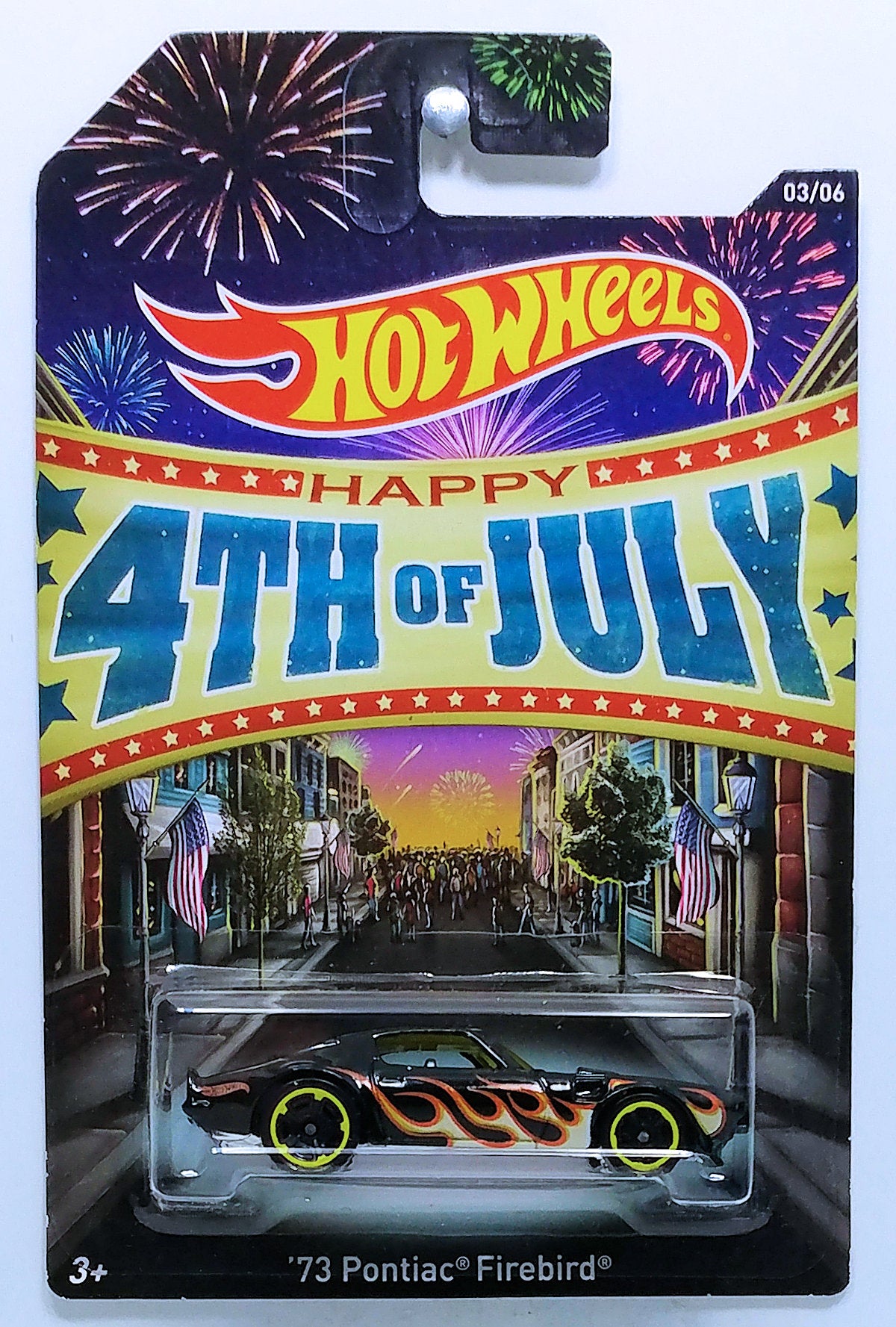 Hot Wheels 2014 - Theme / Happy 4th of July # 3/6 - '73 Pontiac Firebird - Black with Flames - Yellow Ring, Black MC5 wheels - Yellow Windows - Gray Interior - Chrome Plastic Base - Kroger Exclusive