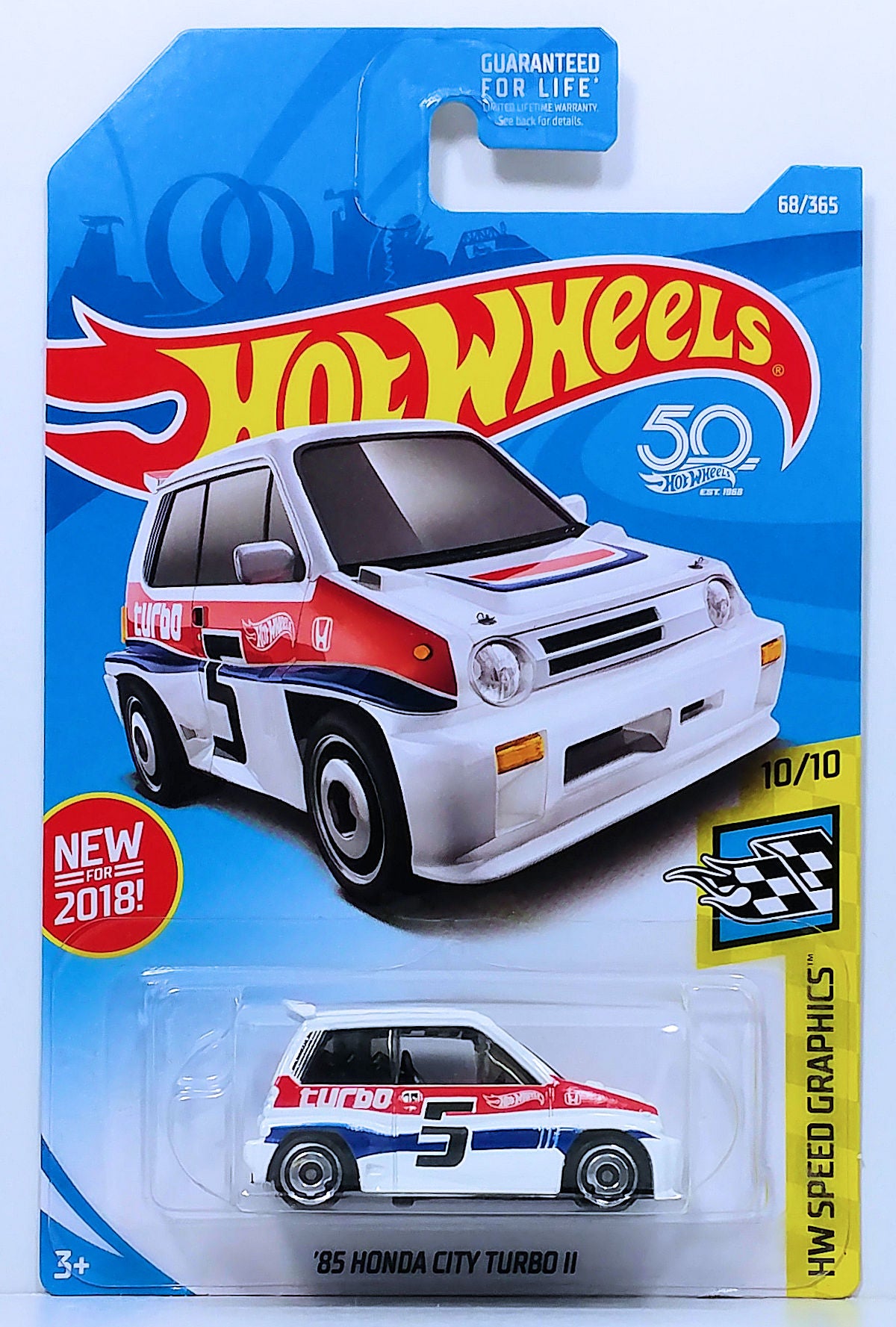 Hot Wheels 2018 - Collector # 068/365 - HW Speed Graphics 10/10 - New Models - '85 Honda City Turbo II - White / #5 - USA 50th Card