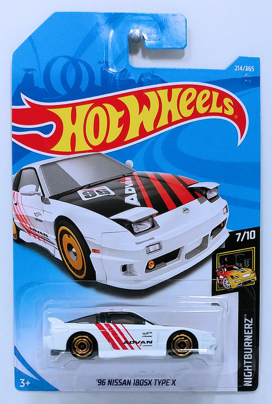 Hot Wheels 2018 - Collector # 214/365 - Nightburnerz 7/10 - '96 Nissan 180SX Type X - White / Advan - International Card