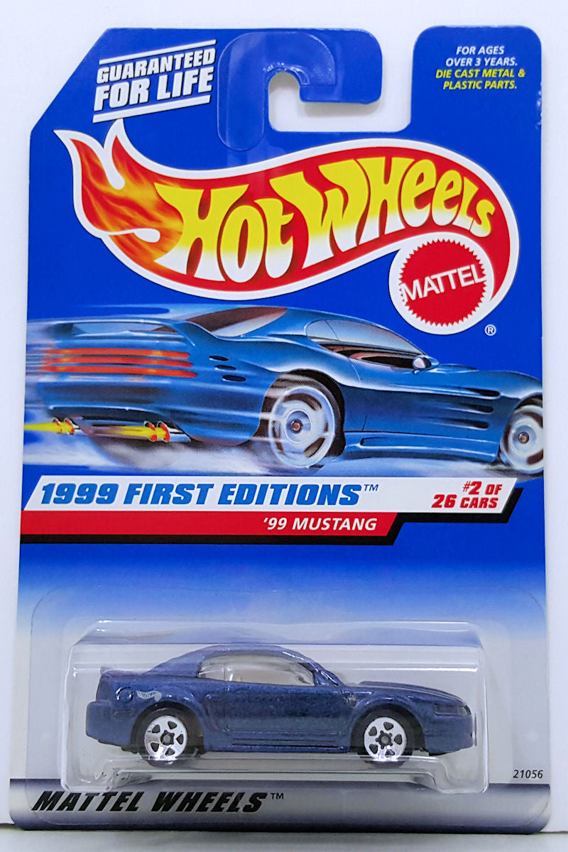 Hot Wheels 1999 - Collector # 909 - First Editions 2/26 - '99 Mustang - Blue Metallic - Tan Interior - 5 Spokes - USA