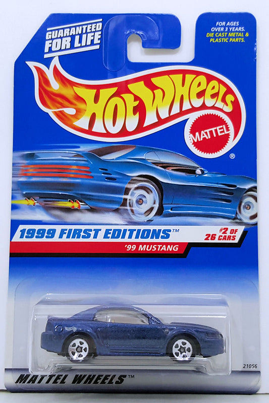 Hot Wheels 1999 - Collector # 909 - First Editions 2/26 - '99 Mustang - Blue Metallic - Tan Interior - 5 Spokes - USA