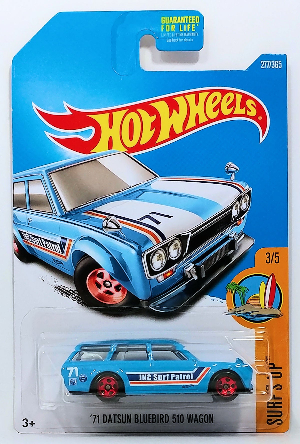 Hot Wheels 2017 - Collector # 277/365 - Surf's Up 3/5 - '71 Datsun Bluebird 510 Wagon - Deep Sky Blue / JNC Surf Patrol - Red 5 Spoke Wheels - USA Card