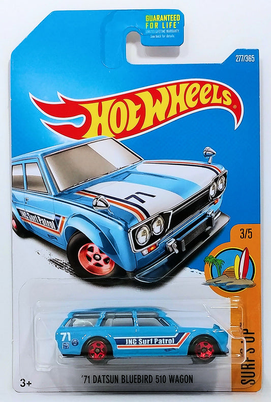 Hot Wheels 2017 - Collector # 277/365 - Surf's Up 3/5 - '71 Datsun Bluebird 510 Wagon - Deep Sky Blue / JNC Surf Patrol - Red 5 Spoke Wheels - USA Card