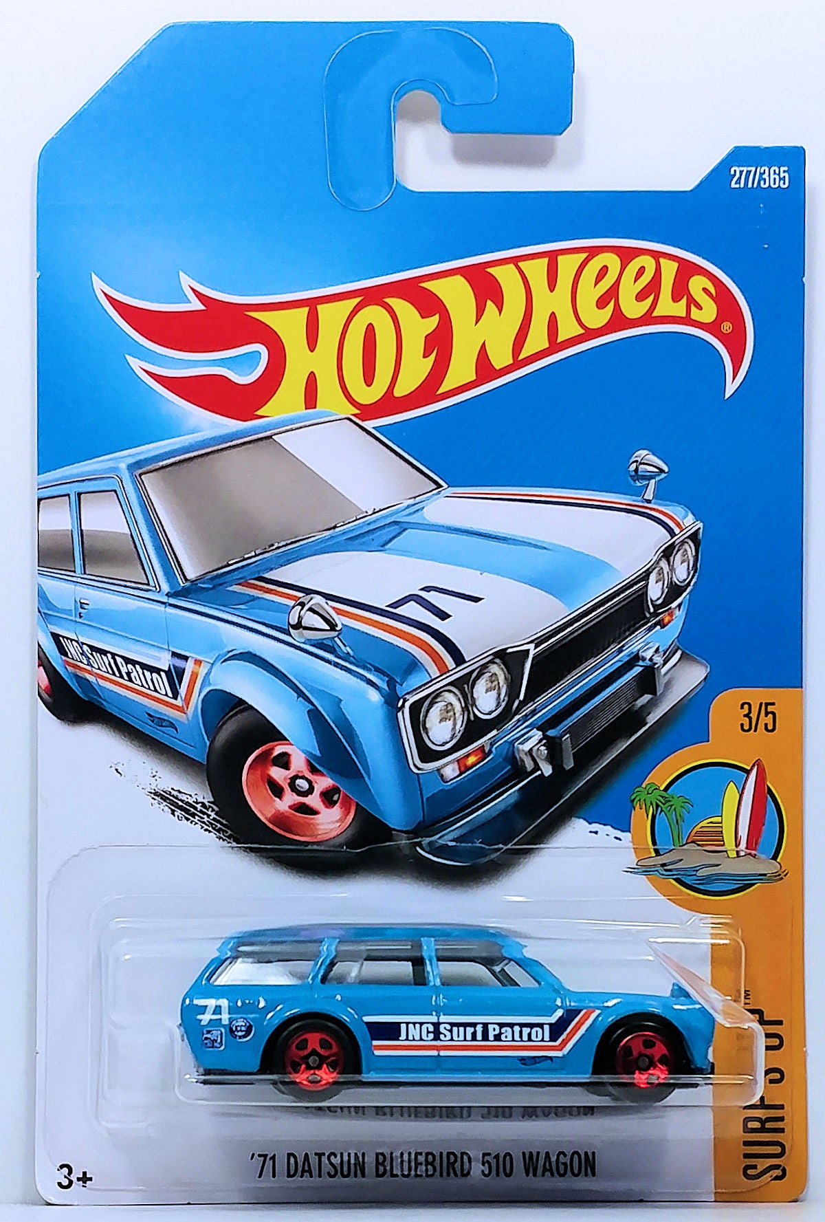 Hot Wheels 2017 - Collector # 277/365 - Surf's Up 3/5 - '71 Datsun Bluebird 510 Wagon - Deep Sky Blue / JNC Surf Patrol - Red 5 Spoke Wheels - International Card