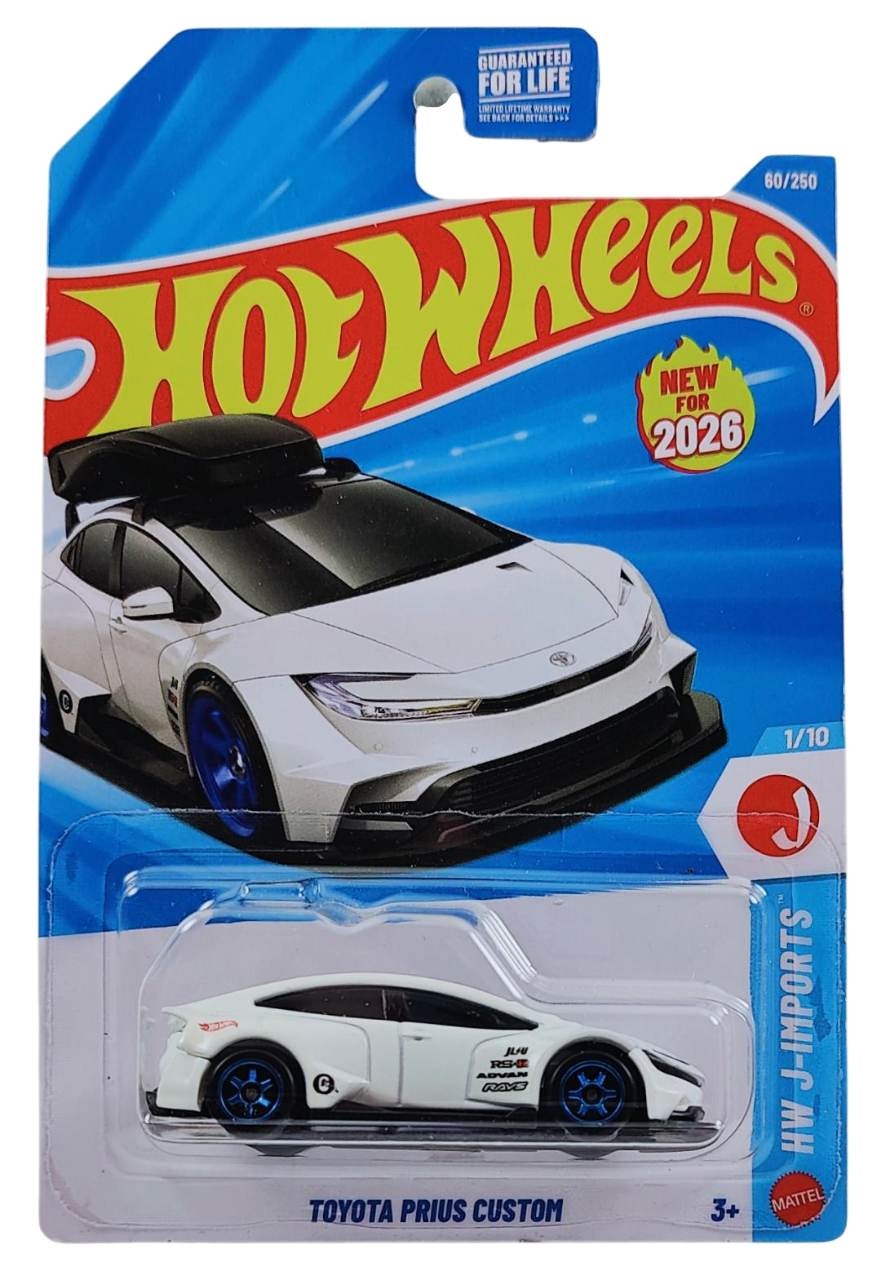 Hot Wheels 2026 - Collector # 060/250 - HW J-Imports 1/10 - New Models - Toyota Prius Custom - without Roofbox - Wind Chill Pearl White - Blue 6 Spoke Wheels - USA '2026' Card