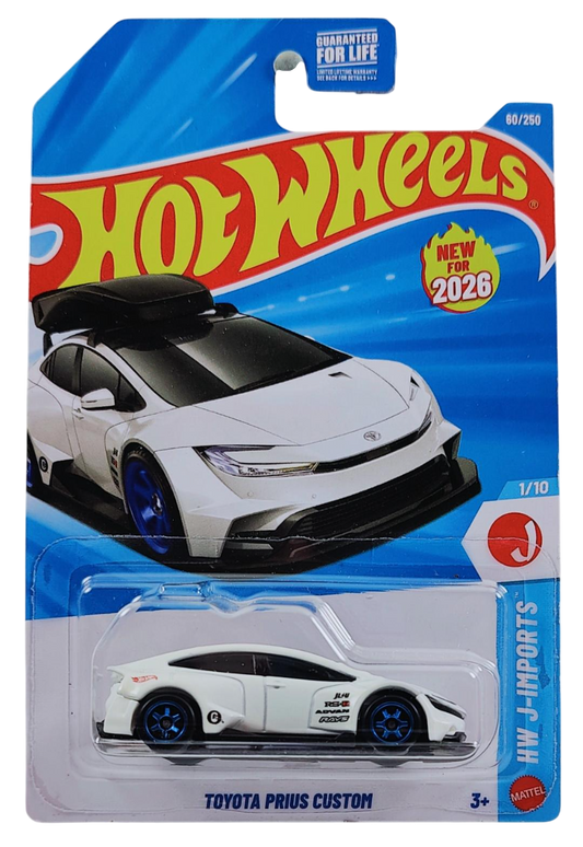 Hot Wheels 2026 - Collector # 060/250 - HW J-Imports 1/10 - New Models - Toyota Prius Custom - without Roofbox - Wind Chill Pearl White - Blue 6 Spoke Wheels - USA '2026' Card