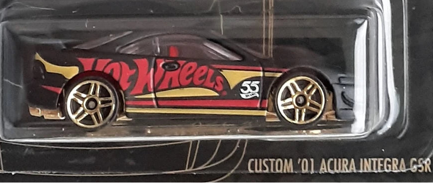 Hot Wheels 2023 - Theme / 55th Anniversary Black & Yellow 05/06 - Custom '01 Acura Integra GSR - Matte Black - Red &amp; Yellow Stripes / 'Hot Wheels' / '55th' on Sides - PR5 Spoke Wheels - Special Blister Card