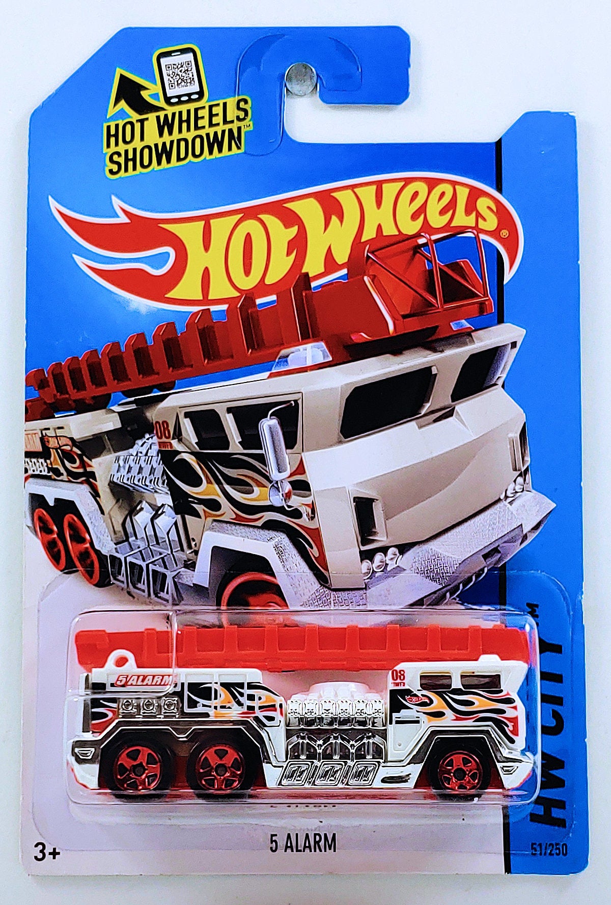Hot Wheels 2015 - Collector # 051/250 - HW City / HW Rescue - 5 Alarm (Fire Truck) - White / Flames - International Card