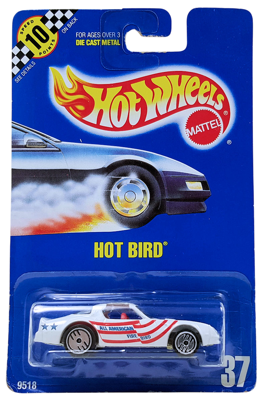 Hot Wheels 1990 - Collector # 37 - Hot Bird (Pontiac Firebird) - White with Stars & Stripes - Ultra Hots - Red Interior - USA Blue Card with Speed Points