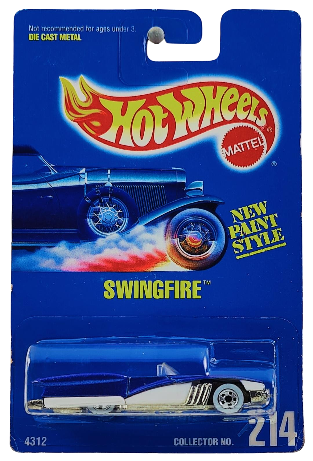 Hot Wheels 1994 - Collector # 214 - Swingfire (Street Beast) - Metalflake Blue & White - Basic Wheels on White Walls - Unpainted Metal Base - USA Blue Card with "NEW PAINT STYLE"