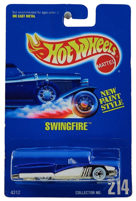 Hot Wheels 1994 - Collector # 214 - Swingfire (Street Beast) - Metalflake Blue & White - Basic Wheels on White Walls - Unpainted Metal Base - USA Blue Card with "NEW PAINT STYLE"