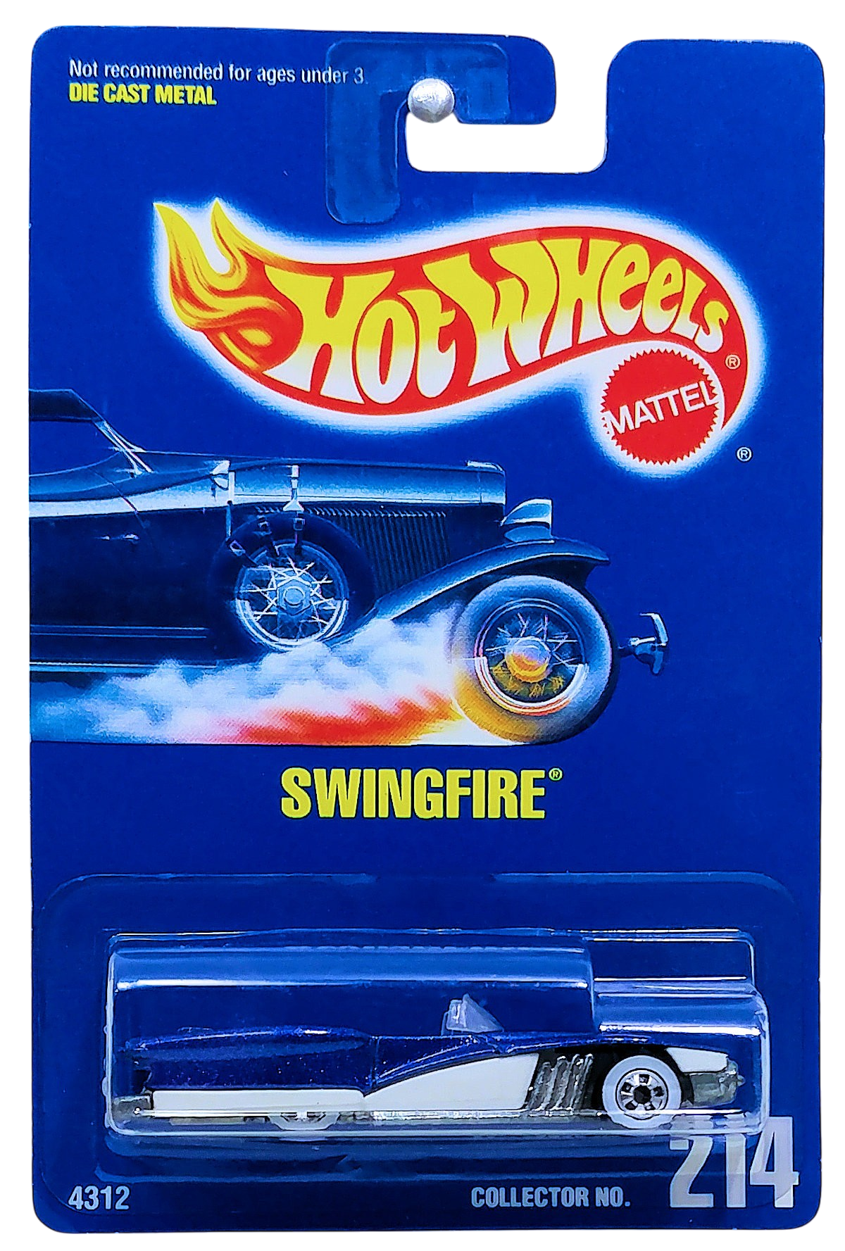 Hot Wheels 1994 - Collector # 214 - Swingfire (Street Beast) - Metalflake Blue & White - Basic Wheels on White Walls - Unpainted Metal Base - USA Blue Card