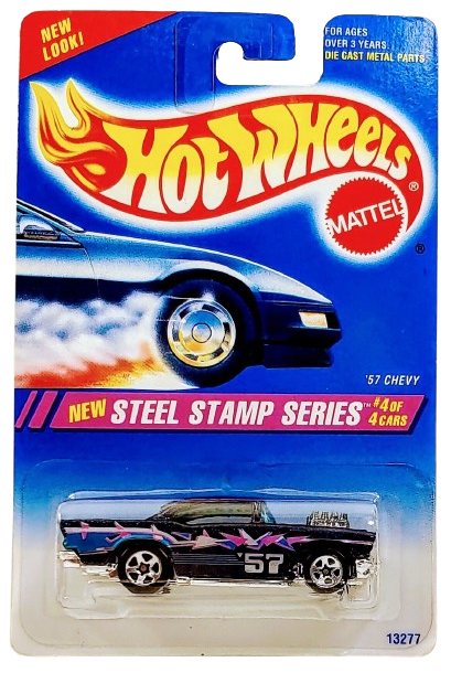 Hot Wheels 1995 - Collector # 290 - Steel Stamp Series 4/4 - '57 Chevy - Midnight Blue Metalflake - 5 Spokes - Blue Tint Windows - USA Blue & White Card