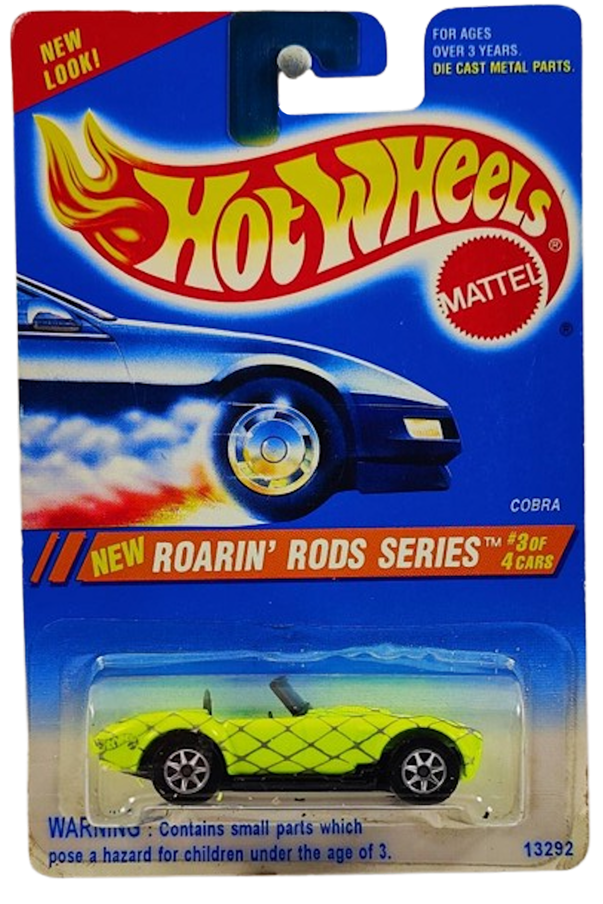 Hot Wheels 1995 - Collector # 305 - Roarin' Rods Series 3/4 - Cobra - Fluorescent Yellow - Opening Hood - USA 'NEW LOOK' Card