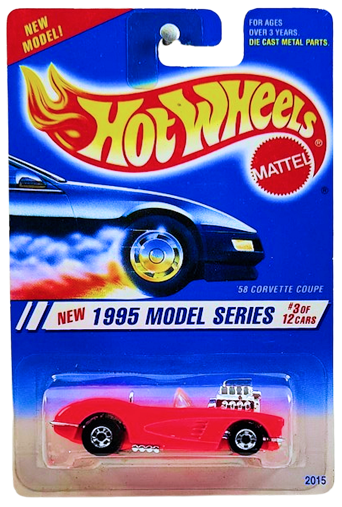 Hot Wheels 1995 - Collector # 341 - Model Series 3/12 - '58 Corvette Coupe - Flourescent Pink - Basic Wheels - Chrome Motor, Interior, Bumpers & Grille - USA