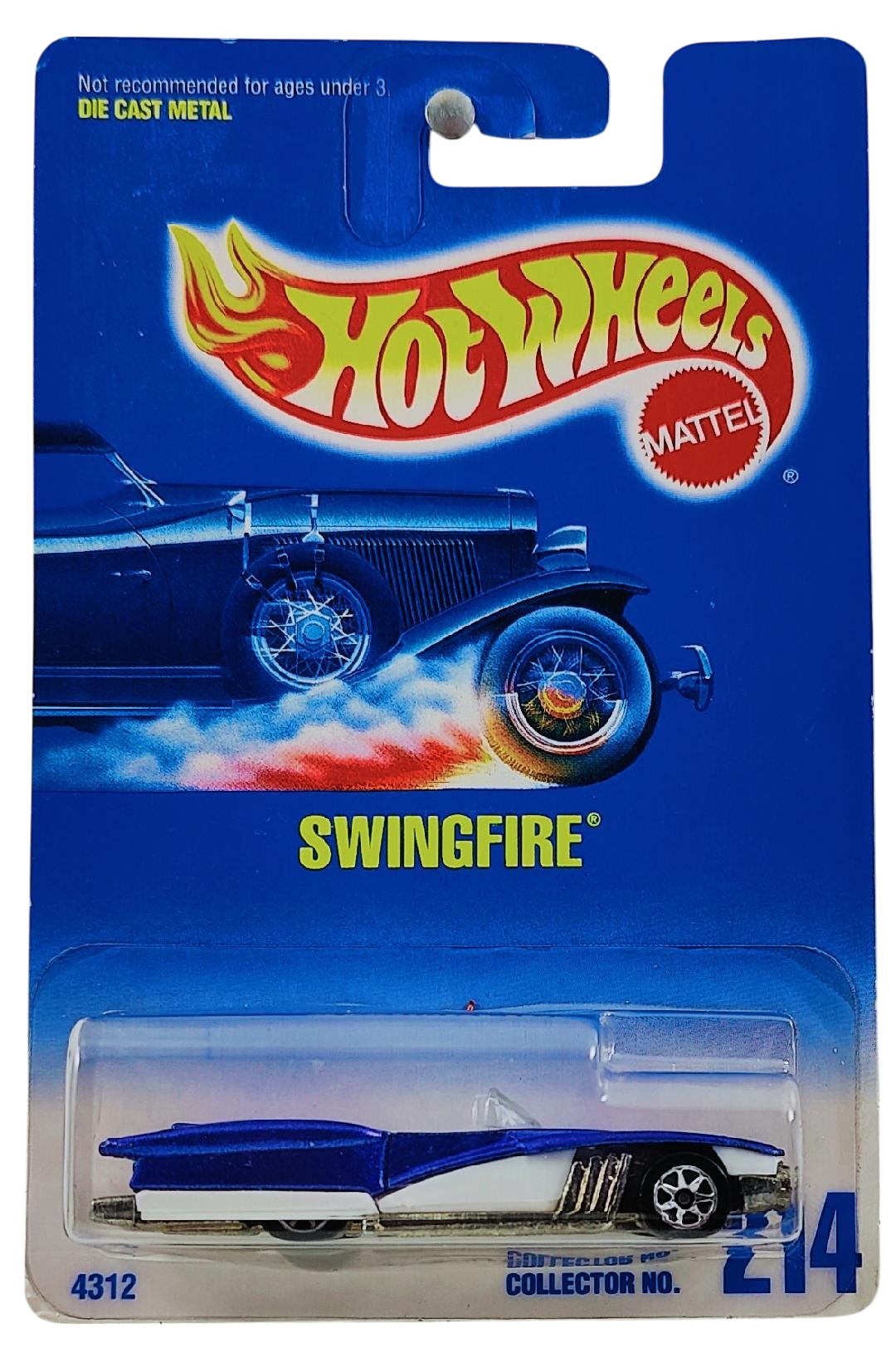 Hot Wheels 1996 - Collector # 214 - Swingfire (Street Beast) - Metalflake Blue & White - 7 Spoke Wheels - Unpainted Metal Base - USA Blue & White Card