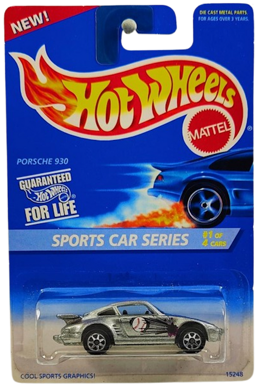 Hot Wheels 1996 - Collector # 404 - Sports Car Series 1/4 - Porsche 930 - Silver / Baseball - USA 'NEW' Card