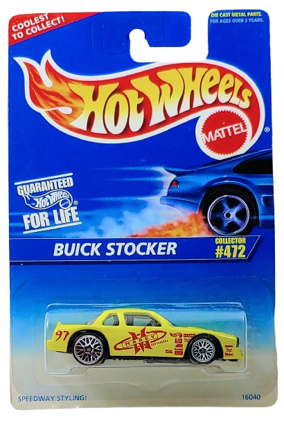 Hot Wheels 1996 - Collector # 472 - Buick Stocker - Fluorescent Yellow / 'MOREY' Graphics - Black Metal Base - LW Wheels - USA Blue & White Card