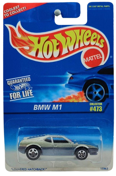 Hot Wheels 1996 - Collector # 473 - BMW M1 - Metallic Silver over Gray - 5 Spokes - USA Blue & White Card - MPN 15963