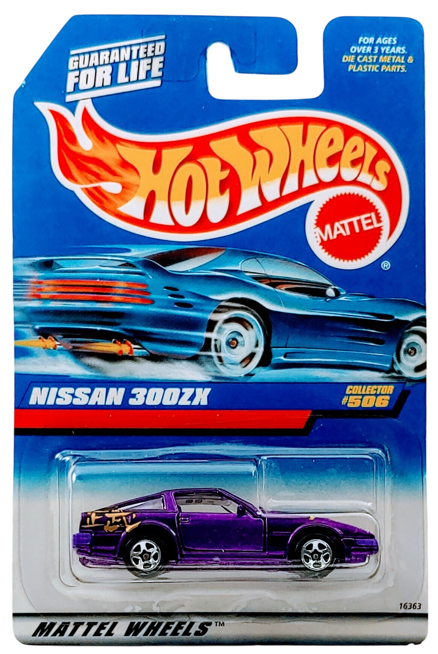 Hot Wheels 1997 - Collector # 506 - Nissan 300ZX - Purple Metalflake - 5 Spokes - Opening Doors - USA '98 Blue Car Card