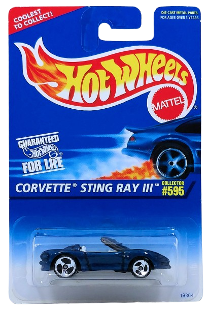 Hot Wheels 1997 - Collector # 595 - Corvette Sting Ray III - Metallic Blue - 3 Spokes - USA Blue & White Card