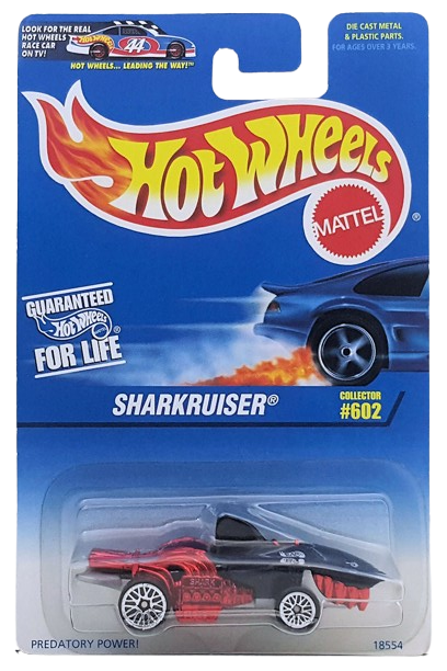 Hot Wheels 1997 - Collector # 602 - Sharkruiser - Black - Red Chrome Engine, Exhaust, Seat and Teeth - Light Gray Metalflake Base - USA Blue & White Card