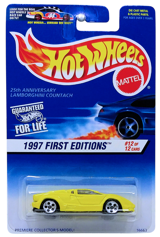 Hot Wheels 1997 - Collector # 510 - First Editions 12/2 - 25th Anniversary Lamborghini Countach - Yellow - 5 Dot Wheels - USA Blue & White Card