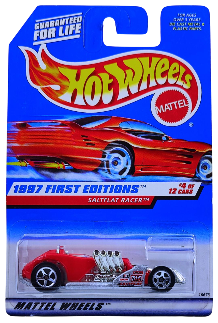 Hot Wheels 1997 - Collector # 520 - First Editions 04/12 - Saltflat Racer - Red - USA 'Red Car' Card