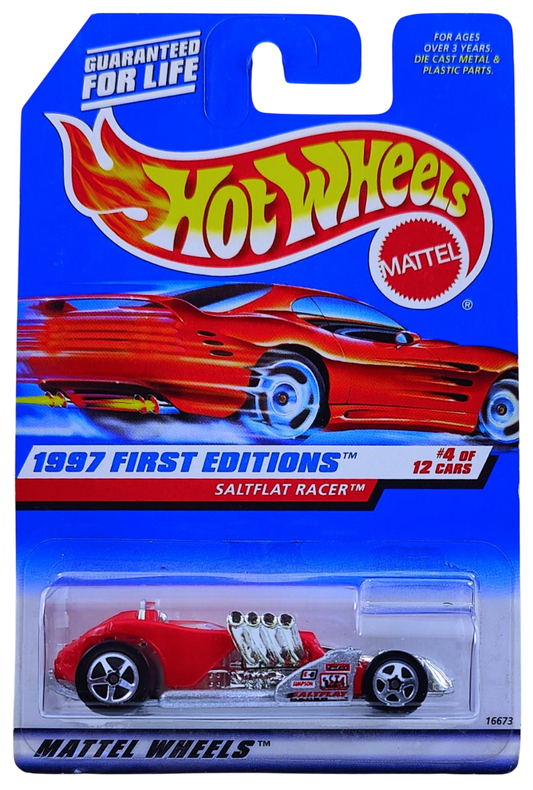Hot Wheels 1997 - Collector # 520 - First Editions 04/12 - Saltflat Racer - Red - USA 'Red Car' Card