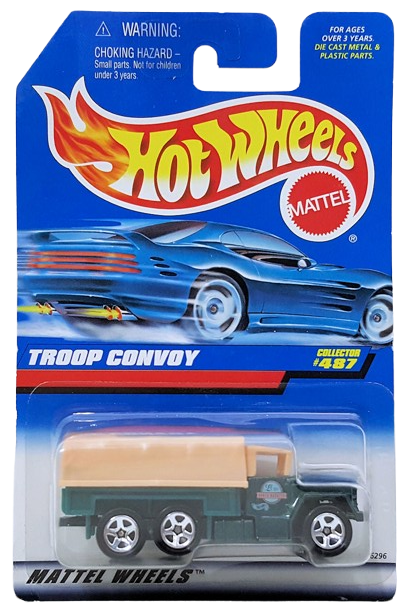 Hot Wheels 1998 - Collector # 487 - Troop Convoy - Metalflake Dark Green - 5 Spokes - USA Blue Car Card