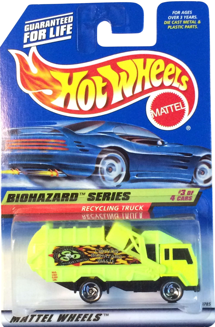 Hot Wheels 1998 - Collector # 719 - Biohazard Series 3/4 - Recycling Truck - Flourescent Yellow - Sawblades - USA Blue Car Card