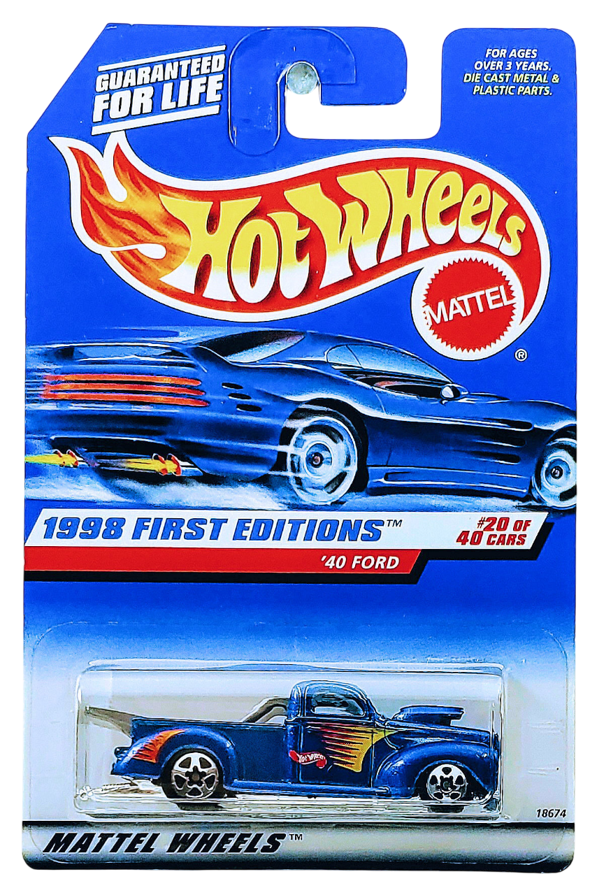 Hot Wheels 1998 - Collector # 654 - First Editions 20/40 - ’40 Ford (Drag Truck) - Dark Blue Metalflake - 5 Spokes - China - USA Blue Car Card
