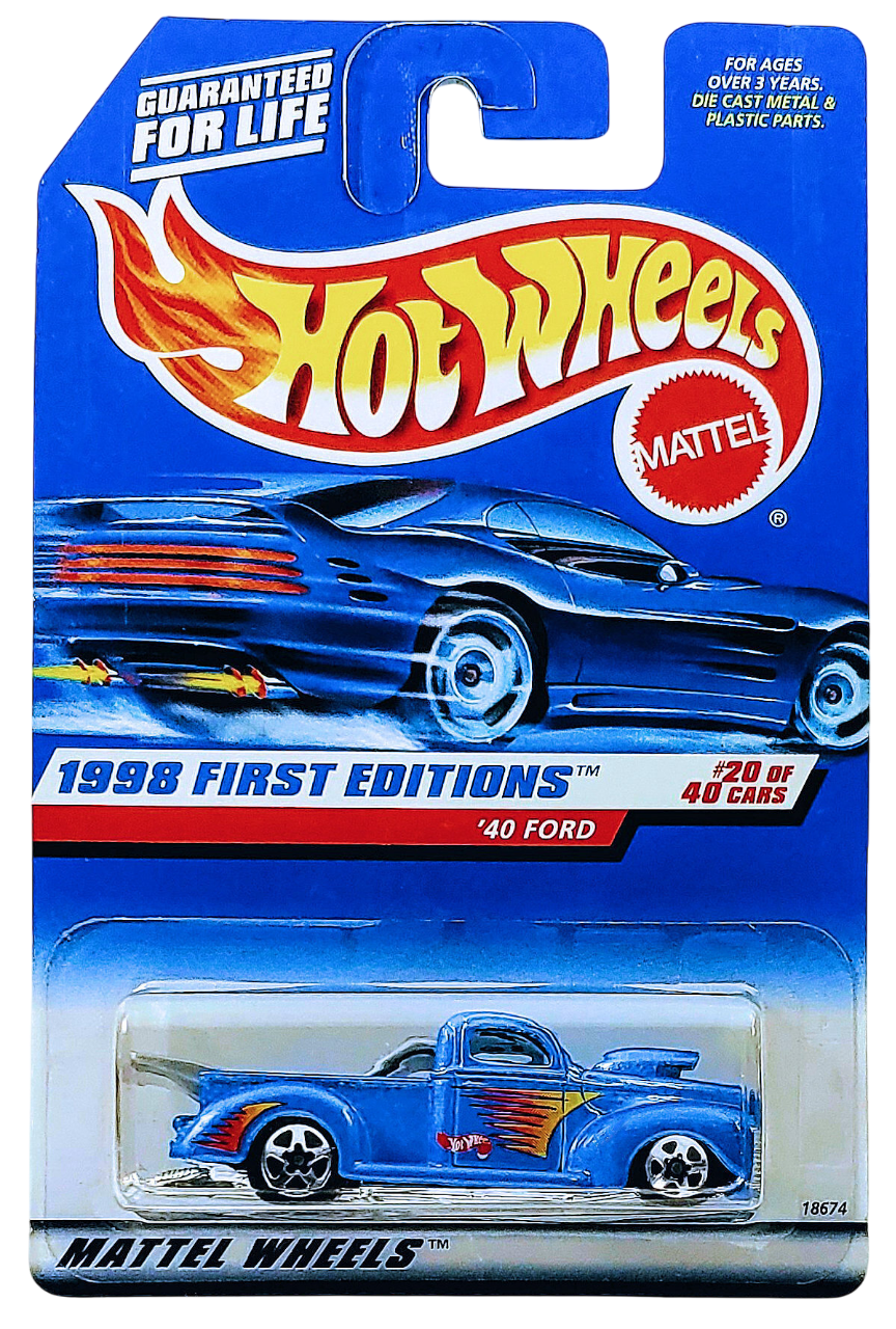 Hot Wheels 1998 - Collector # 654 - First Editions 20/40 - ’40 Ford (Drag Truck) - Lite Blue Metalflake - 5 Spokes - Malaysia - USA Blue Car Card