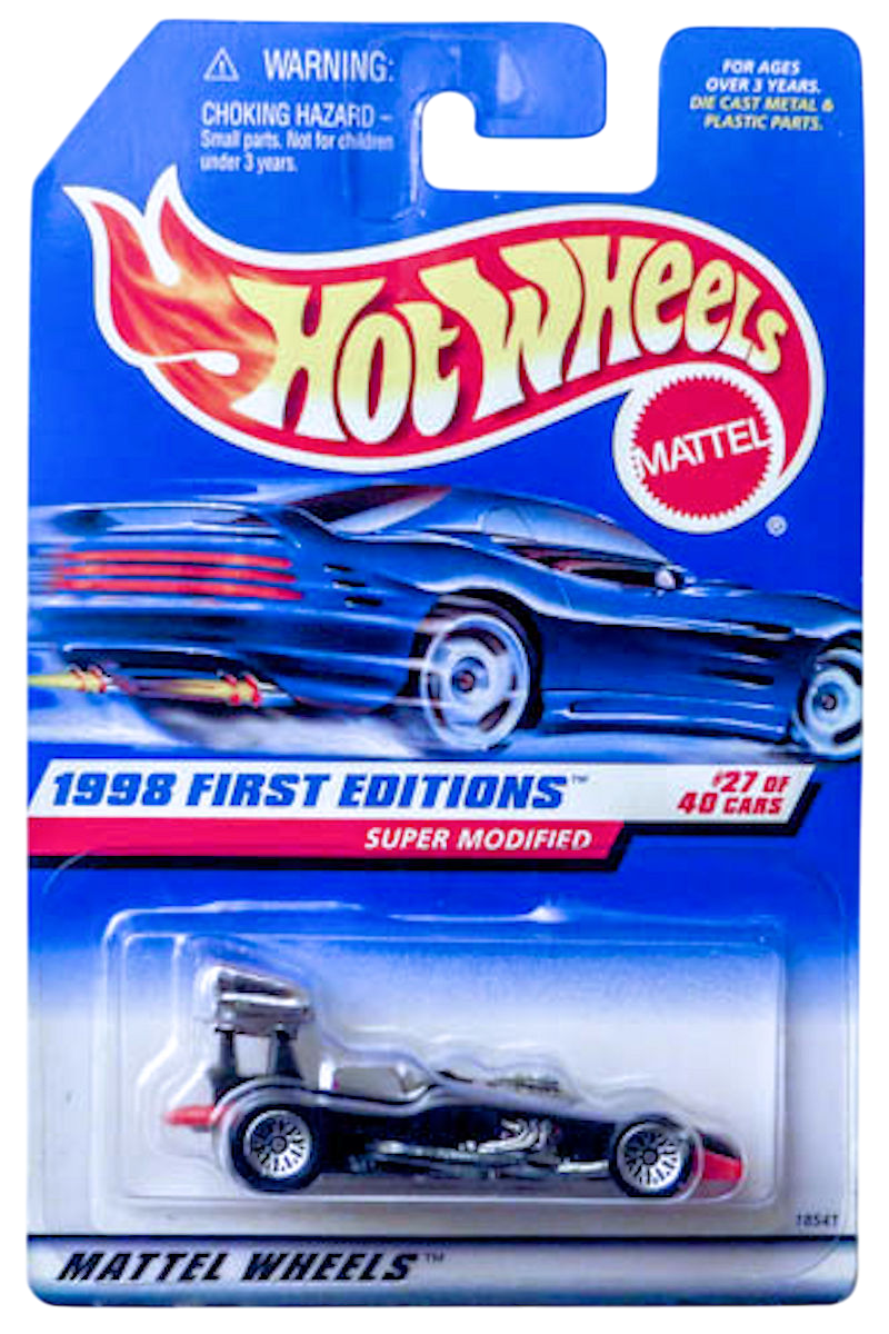 Hot Wheels 1998 - Collector # 664 - First Editions 27/40 - Super Modified - Black - Metal Base - Lace Wheels - USA Card - Good Downhill Racer!