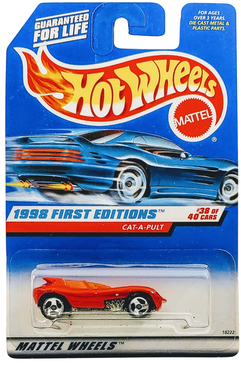 Hot Wheels 1998 - Collector # 681 - First Editions 35/40 - Cat-A-Pult - Red / #64 / Black HW Logo on Front Deck - 3 Spoke Wheels - USA Blue Car Card