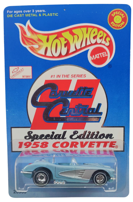Hot Wheels 1998 - Special Edition / Corvette Central # 1 in the Series - 1958 Corvette - Metallic Pale Blue &amp; Gray - White Line Real Riders - Openning Hood - Special Blister Card