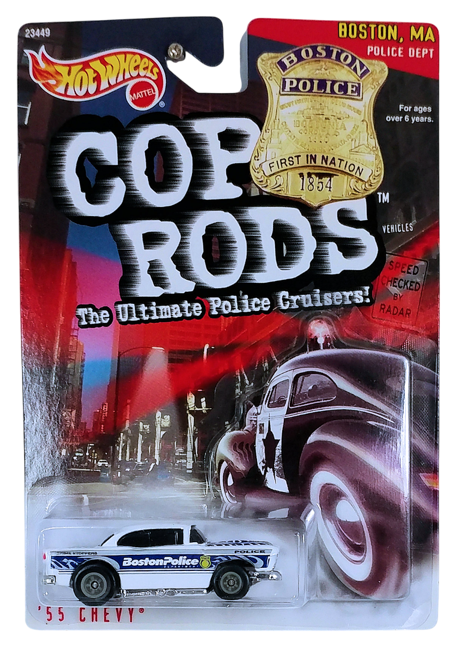 Hot Wheels 1999 - Cop Rods # 23449 - '55 Chevy - White / Boston, MA Police Dept - KB Toys Exclusive - MPN 23449
