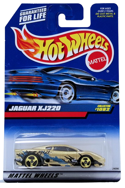 Hot Wheels 1999 - Collector # 1082 - JAGUAR XJ220 - Gold - Gold 3 Spokes - USA Blue Car Card