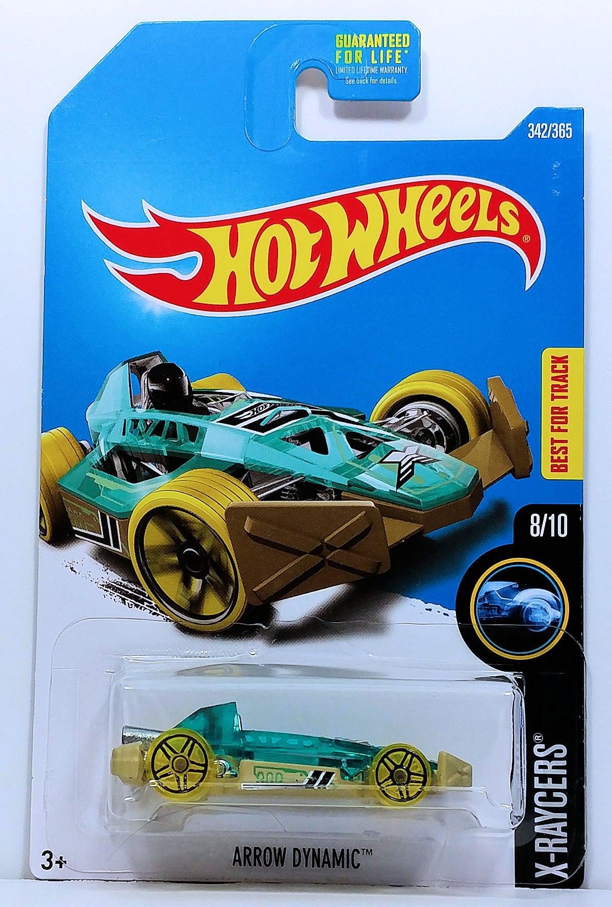 Hot Wheels 2017 - Collector # 342/365 - X-Raycers 8/10 - Arrown Dynamic - Transparent Aqua Body / Tan Metal Base - USA Card