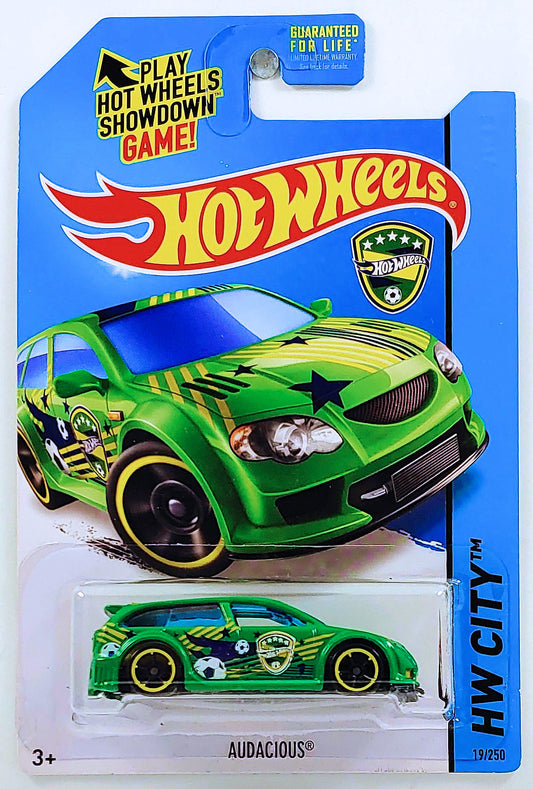Hot Wheels 2014 - Collector # 019/250 - HW City / HW Goal - Audacious - Green - USA 'Showdown' Card