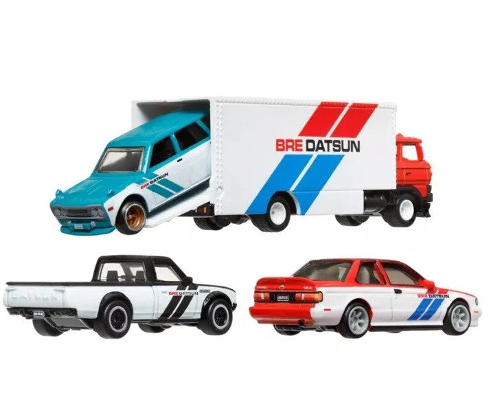 Hot Wheels 2024 - Premium / BRE Datsun Diorama - BRE Datsun 620, BRE Datsun 510 Wagon, 1991 BRE Nissan Sentra SE-R & BRE Sakura Sprinter - Metal/Metal & Real Riders - Display Box