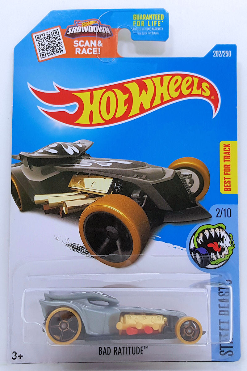 Hot Wheels 2016 - Collector # 202/365 - Street Beasts 2/10 - Bad Ratitude - Gray - USA 'Showdown' Card