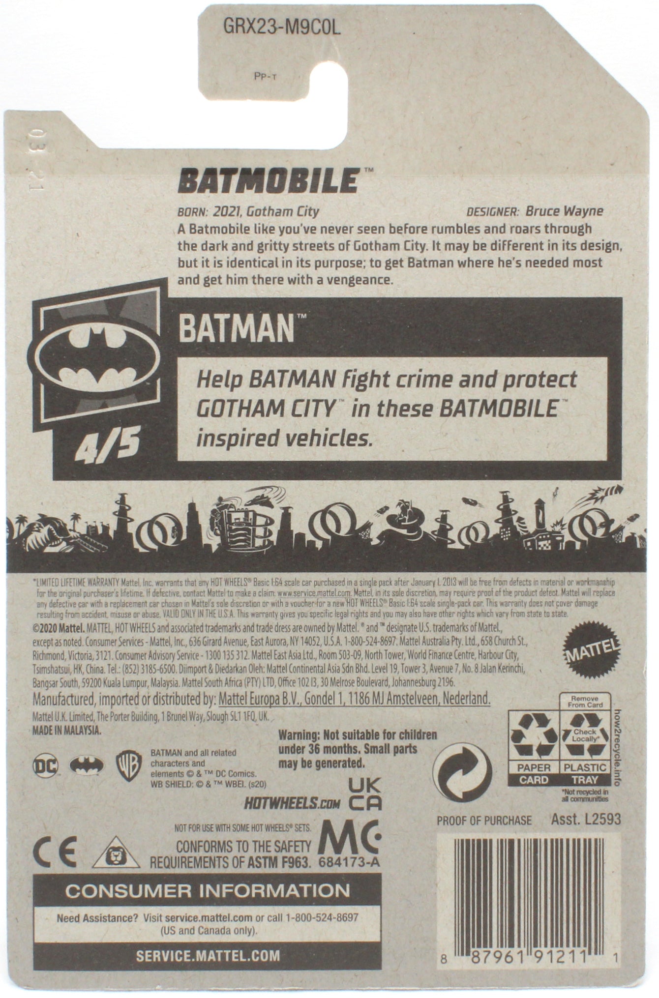 Hot Wheels 2021 - Collector # 181/250 - Batman 4/5 - New Models - (Batman: Arkham Knight) Batmobile - Matte Black - USA Batman Card