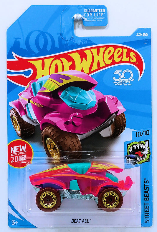 Hot Wheels 2018 - Collector # 221/365 - Street Beasts 10/10 - New Models - Beat All - Transparent Pink - USA 50th Card