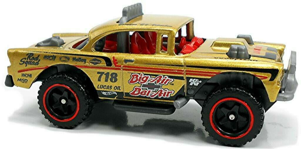 Hot Wheels 2020 - Collector # 179/250 - Rod Squad 1/10 - Big-Air Bel-Air - Gold with various Racing Decals - Game Stop Exclusive - USA Card