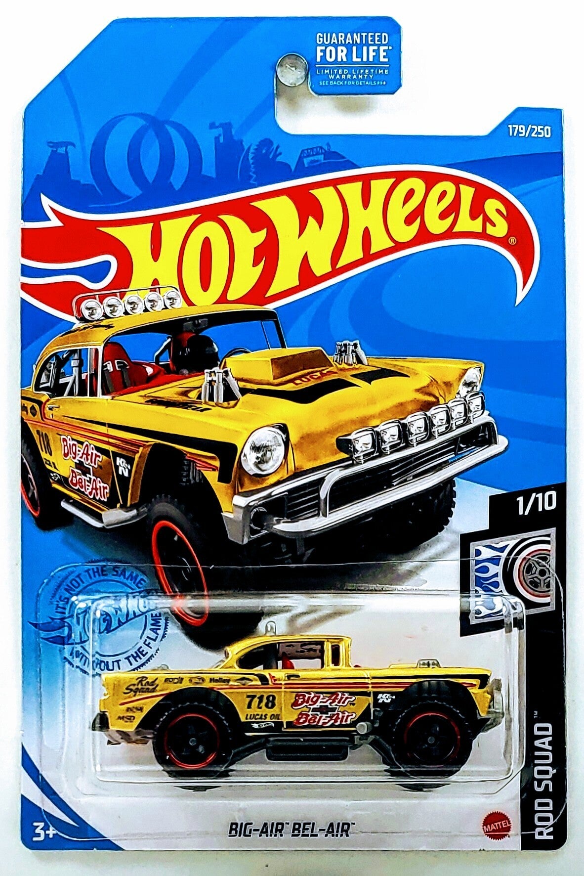 Hot Wheels 2020 - Collector # 179/250 - Rod Squad 1/10 - Big-Air Bel-Air - Gold with various Racing Decals - Game Stop Exclusive - USA Card