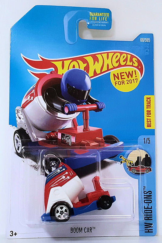 Hot Wheels 2017 - Collector # 066/365 - HW Ride-Ons 1/5 - New Models - Boom Car - Red, White & Blue - Figures can Attach - USA Card - ERROR! Front wheel not chrome