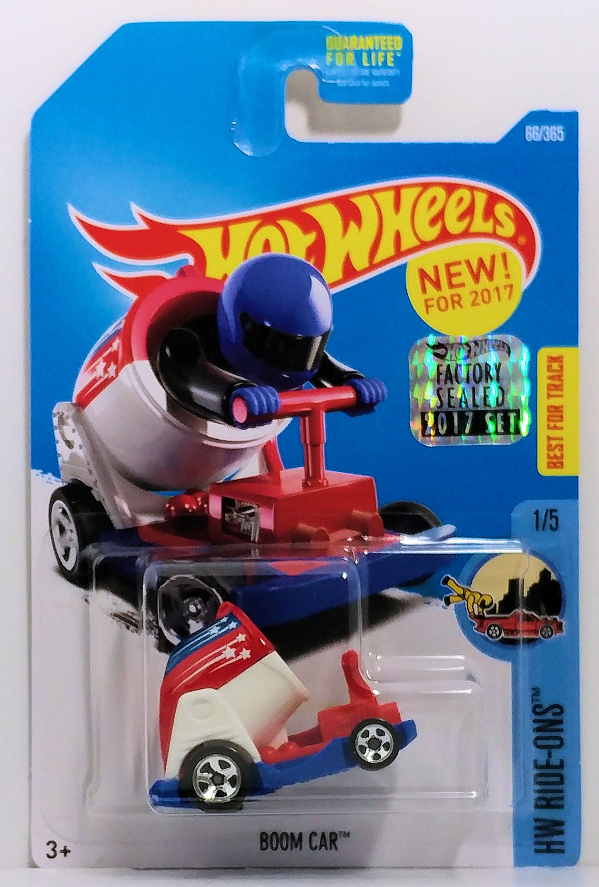 Hot Wheels 2017 - Collector # 066/365 - HW Ride-Ons 1/5 - New Models - Boom Car - Red, White & Blue - Figures can Attach - USA Card with Factory Set Sticker